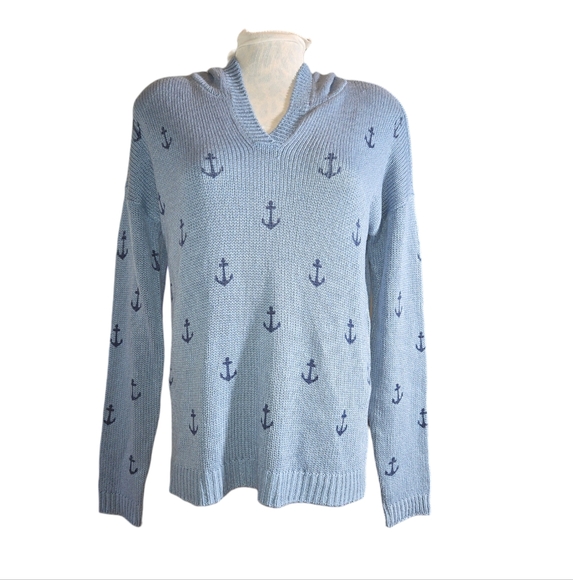 Marled NWT Super Soft Blue Acrylic Nautical Anchor Print Hooded Sweater Size M - Picture 3 of 13